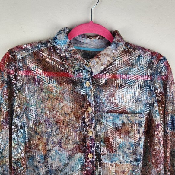 NWOT Anthropologie Pilcro Multicolored Floral Sequin Button Up Shirt Top sz S - Picture 3 of 12